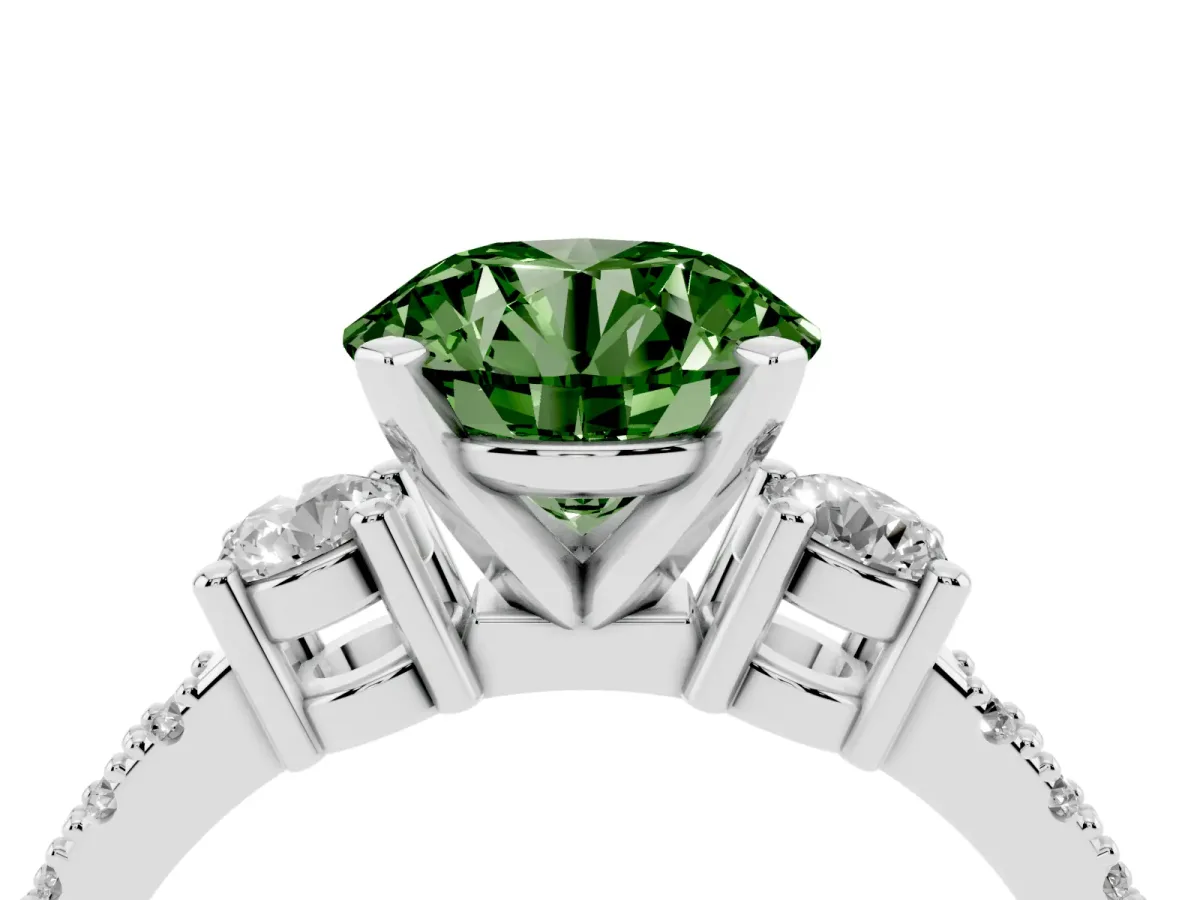 Fancy Green Round Cut Three-Stone Diamond Pavé Band with Prong Setting Platinum