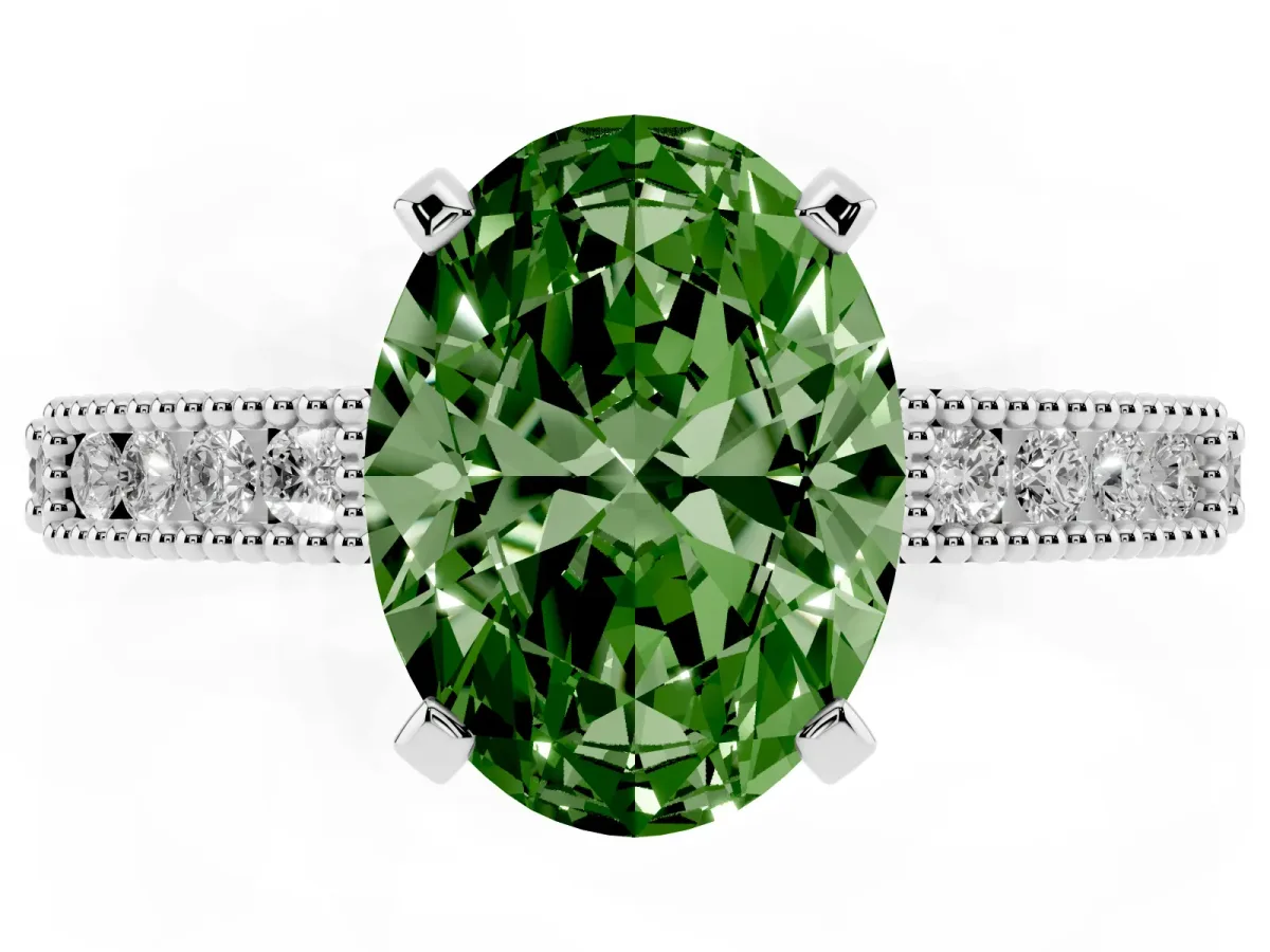 Fancy Green Oval Cut Solitaire with Pavé Band and Four-Prong Setting Silver