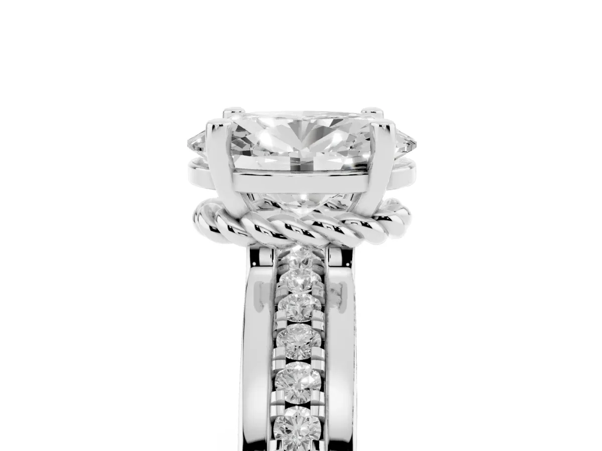 Oval Cut Solitaire Diamond Ring with Channel Set Band and Six-Prong Setting Silver