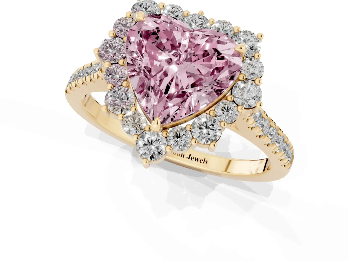 Fancy Pink Heart Cut Halo Diamond Ring with Pavé Band and Prong Setting Yellow gold