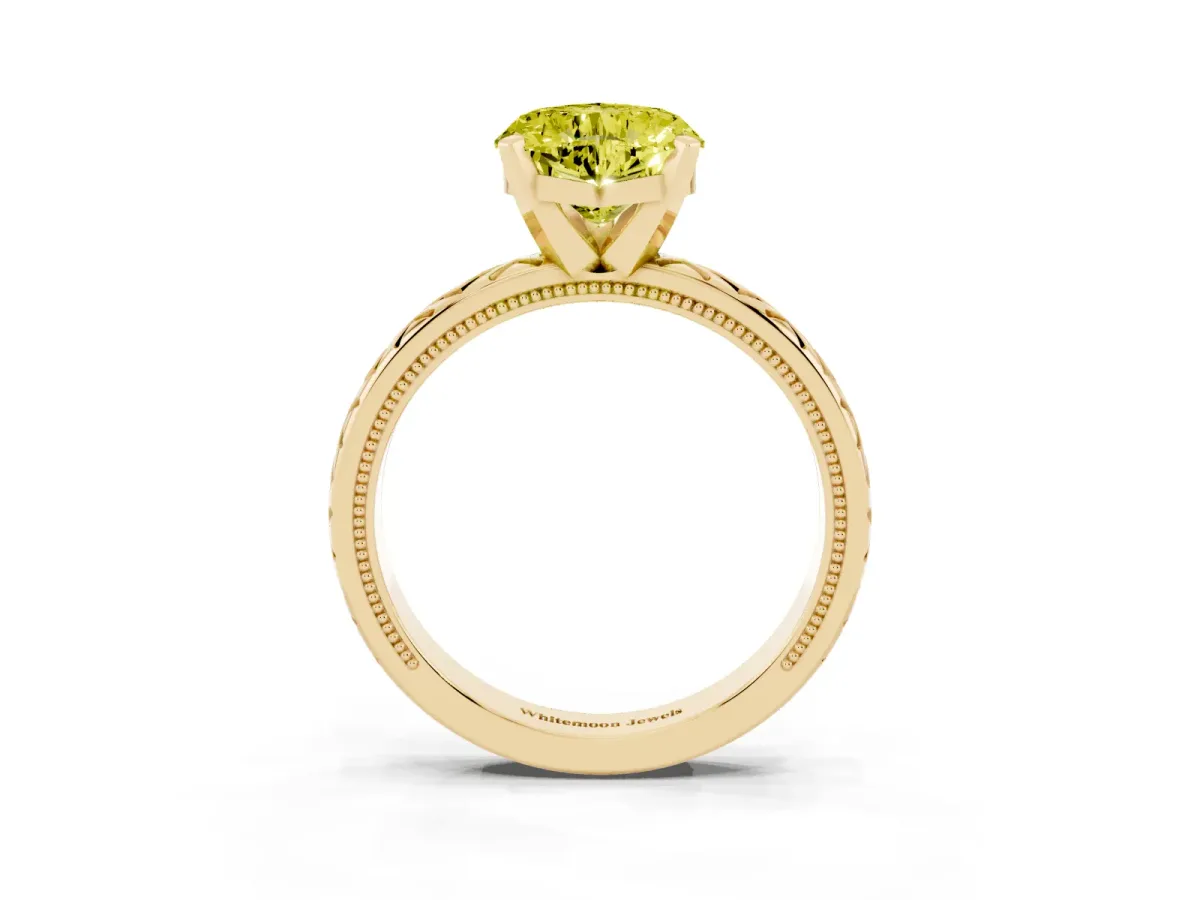 Fancy Yellow Heart Cut Solitaire Diamond Ring with Milgrain and Black Enamel X Pattern Band Yellow gold