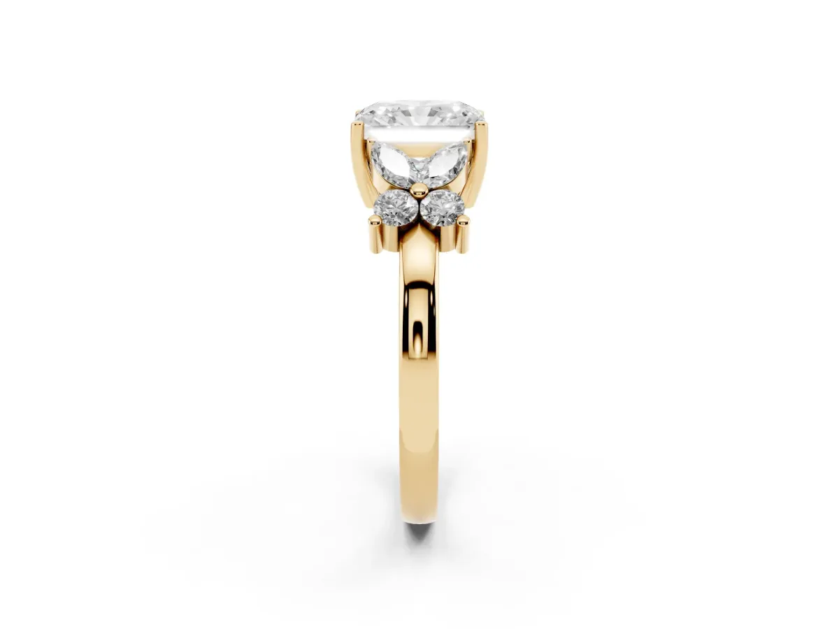Radiant Cut Diamond Floral Cluster Ring with Solitaire Band and Prong Setting Yellow gold