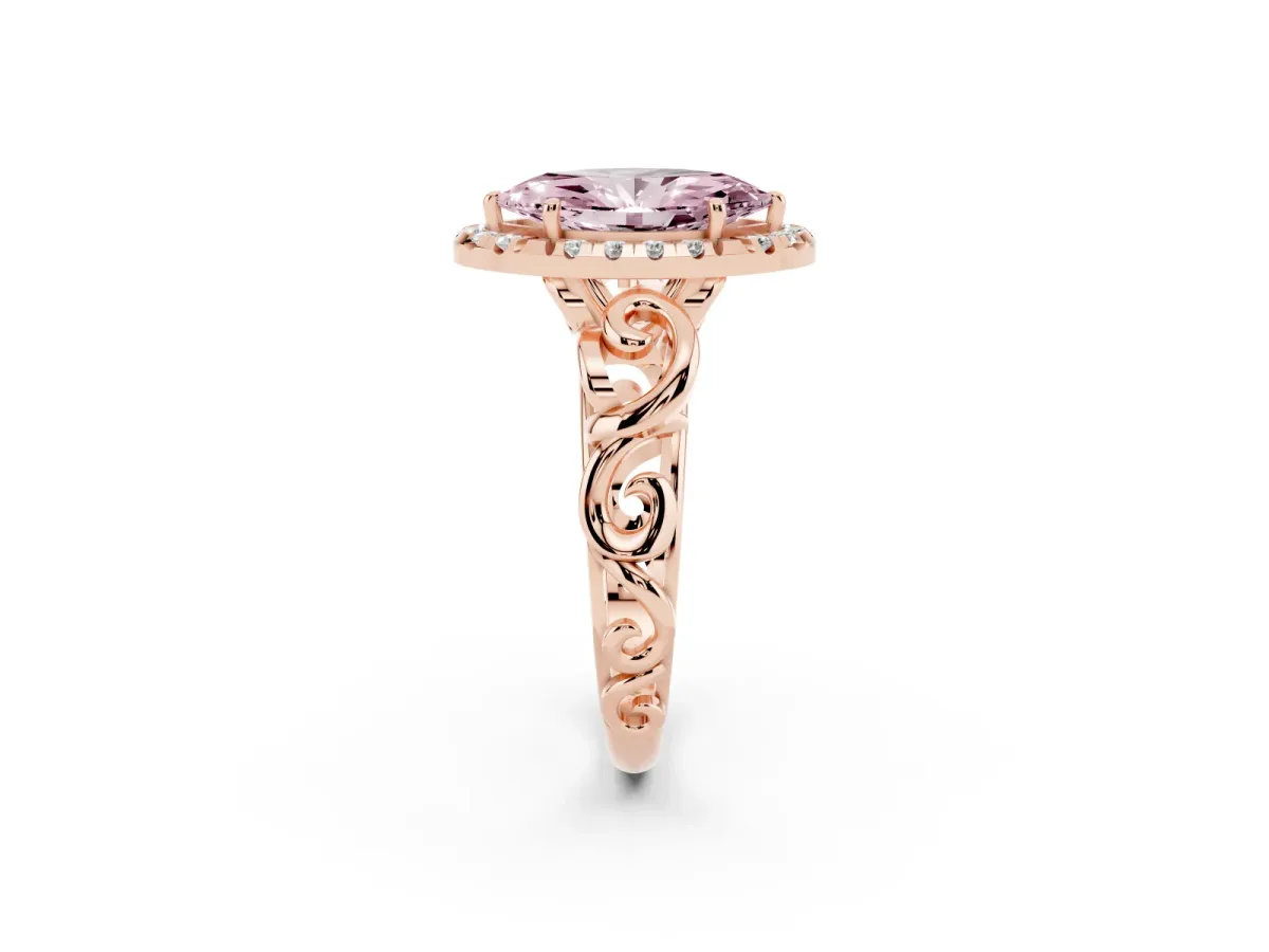 Fancy Pink Marquise Cut Cut Halo Diamond Ring with Scrollwork Band and Four-Prong Setting Rose gold