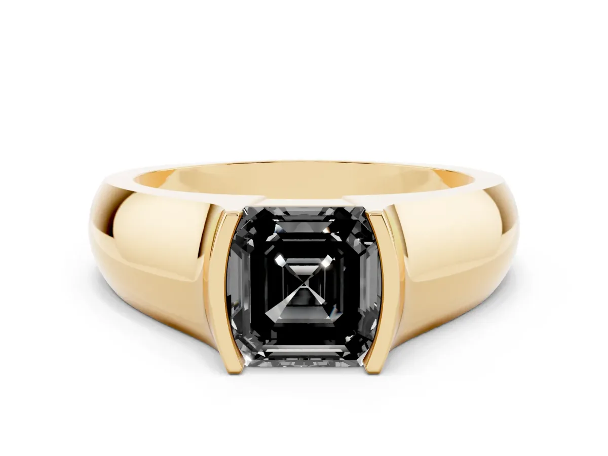 Fancy Black Asscher Cut Solitaire Bezel Set Diamond Ring with Wide Band Yellow gold