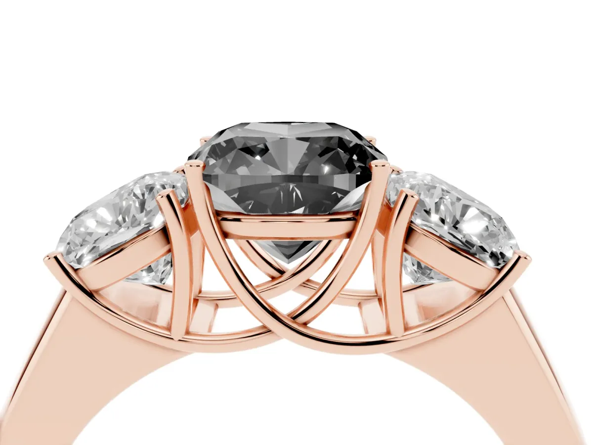 Fancy Black Three-Stone Cushion Cut Cut Diamond Ring with Prong Setting and Classic Band Rose gold