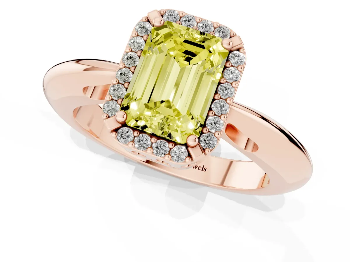 Fancy Yellow Emerald Cut Cut Diamond Halo Engagement Ring with Split Shank and Four-Prong Setting Rose gold