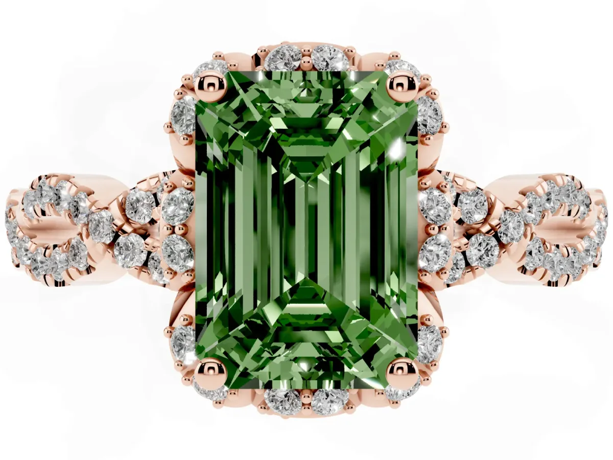 Fancy Green Emerald Cut Halo Twist Band Solitaire Ring with Six-Prong Setting Rose gold