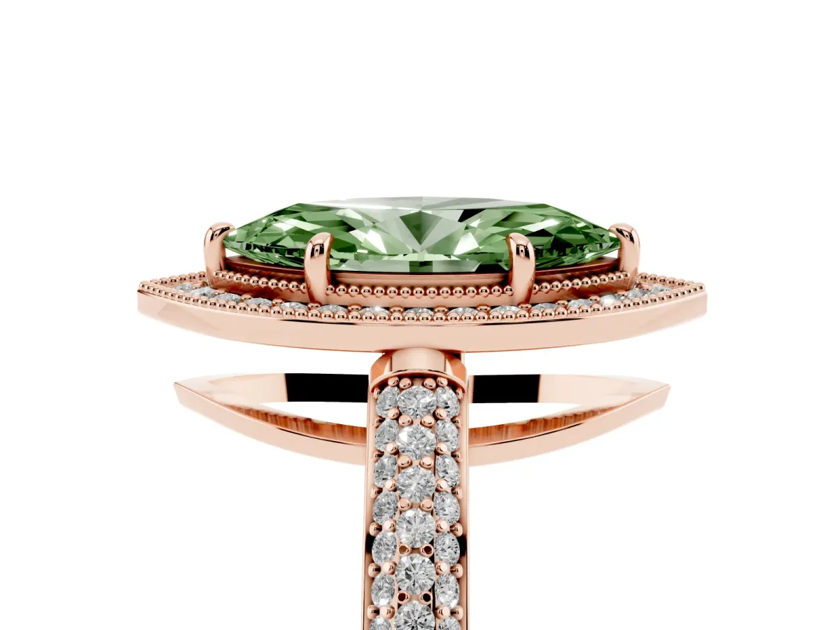 Fancy Green Marquise Cut Cut Halo Diamond Pave Band with Four-Prong Setting Rose gold