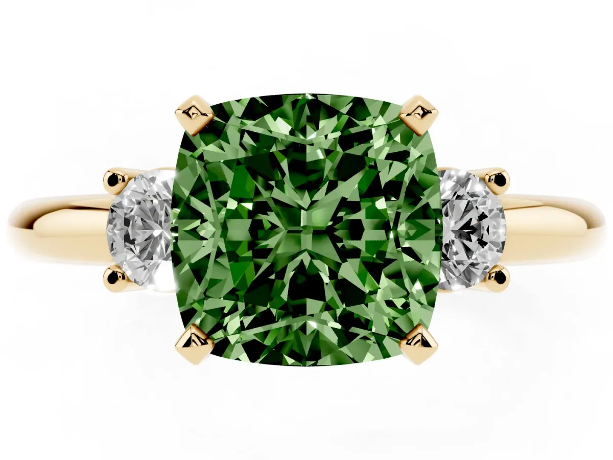 Fancy Green Three-Stone Cushion Cut Cut Diamond Solitaire with Prong Setting and Classic Band Yellow gold