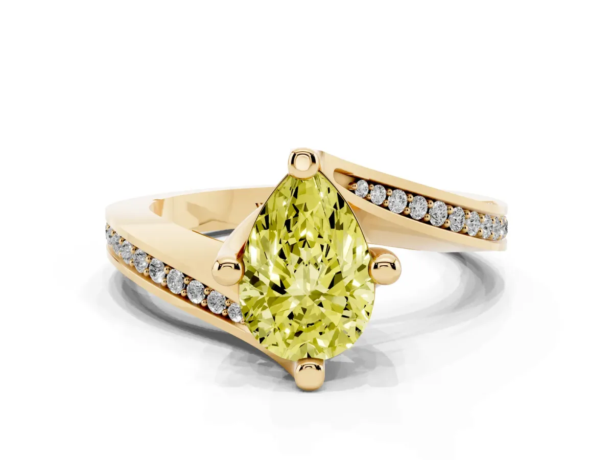 Fancy Yellow Pear Cut Solitaire Diamond Twist Band with Pavé Setting and Four-Prong Setting Yellow gold