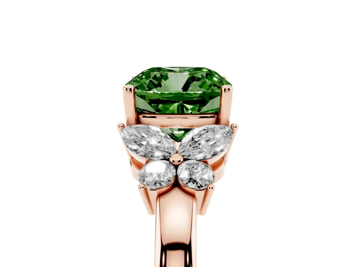 Fancy Green Cushion Cut Cut Solitaire Floral Diamond Ring with Four-Prong Setting Rose gold