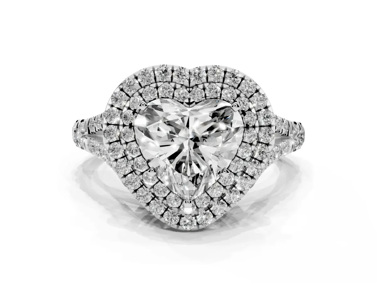 Double Halo Heart Cut Diamond Split Shank Engagement Ring with Four-Prong Setting Silver
