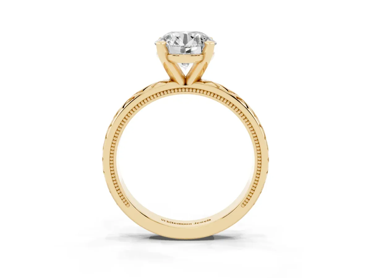 Round Cut Solitaire Diamond Ring with Milgrain and Black Enamel X Pattern Band Yellow gold