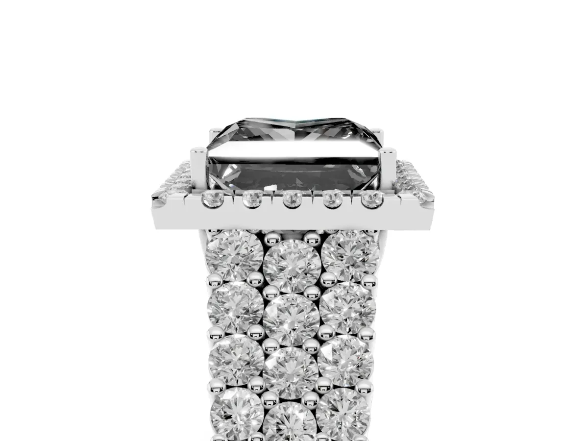 Fancy Black Princess Cut Diamond Halo Engagement Ring with Triple Row Round Pavé Band and Prong Setting Silver