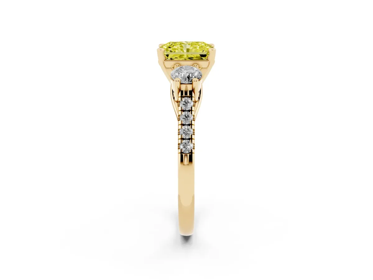 Fancy Yellow Three-Stone Radiant Cut Diamond Pavé Band with Four-Prong Setting Yellow gold