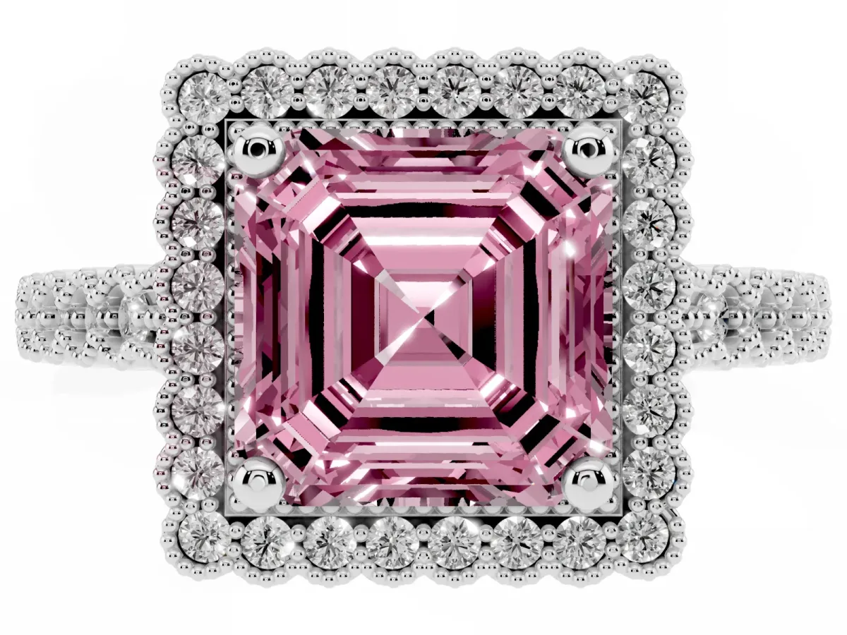 Fancy Pink Asscher Cut Cut Halo Pavé Solitaire Ring with Milgrain Band Platinum