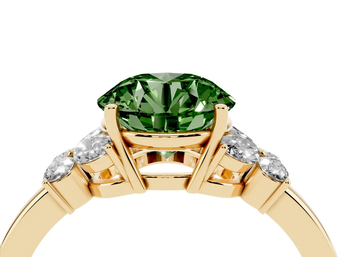 Fancy Green Round Cut Cut Solitaire Floral Diamond Ring with Four-Prong Setting Yellow gold