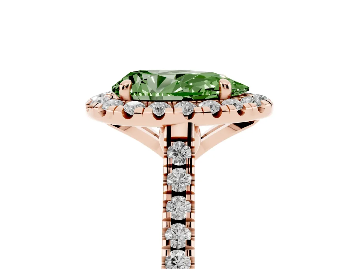 Fancy Green Pear Cut Diamond Cushion Halo Ring with Pavé Band Rose gold