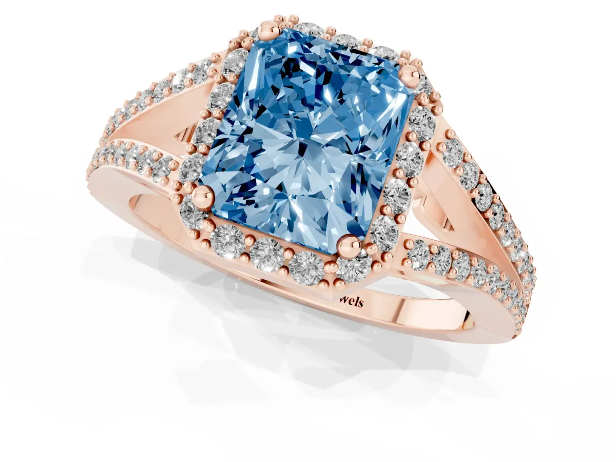 Fancy Blue Radiant Cut Halo Split Shank Diamond Ring with Prong Setting Rose gold