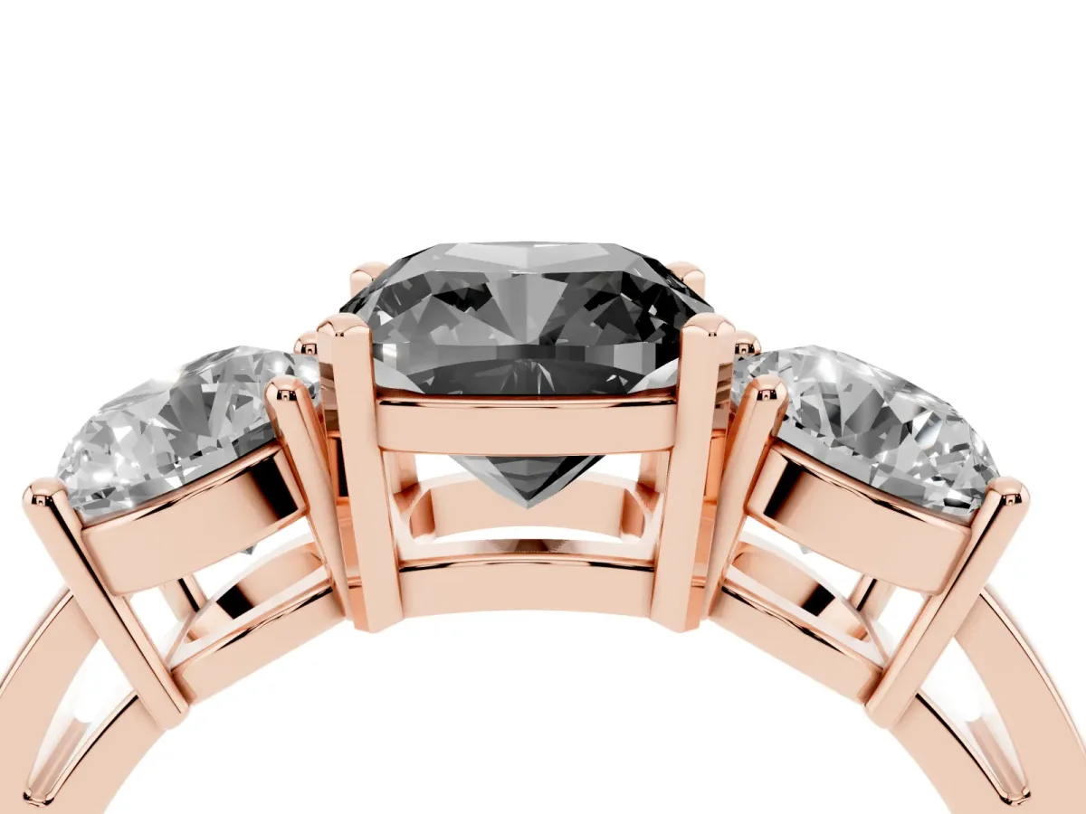 Fancy Black Three-Stone Cushion Cut Diamond Ring with Round Side Stones, Classic Band, and Four-Prong Setting Rose gold