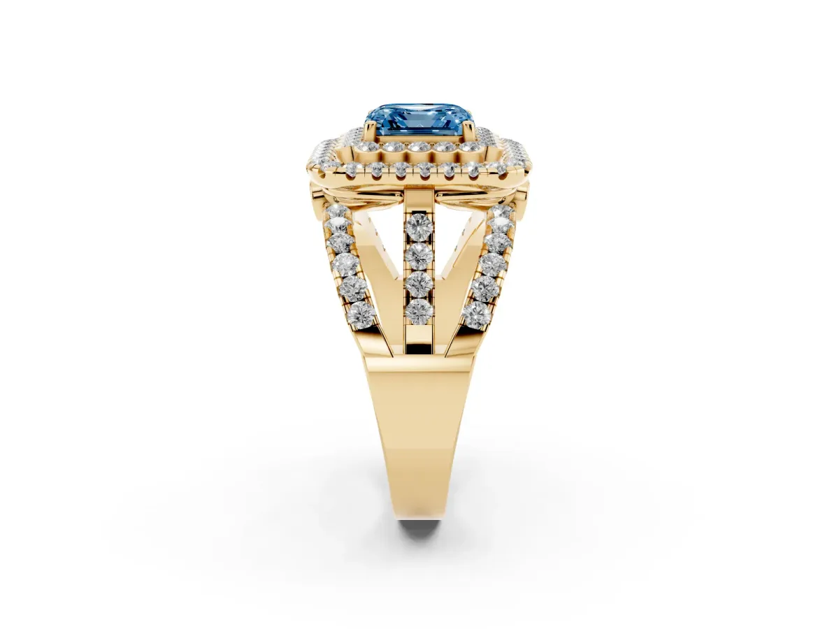 Fancy Blue Asscher Cut Diamond Double Halo Ring with Round Pavé Split Shank and Prong Setting Yellow gold