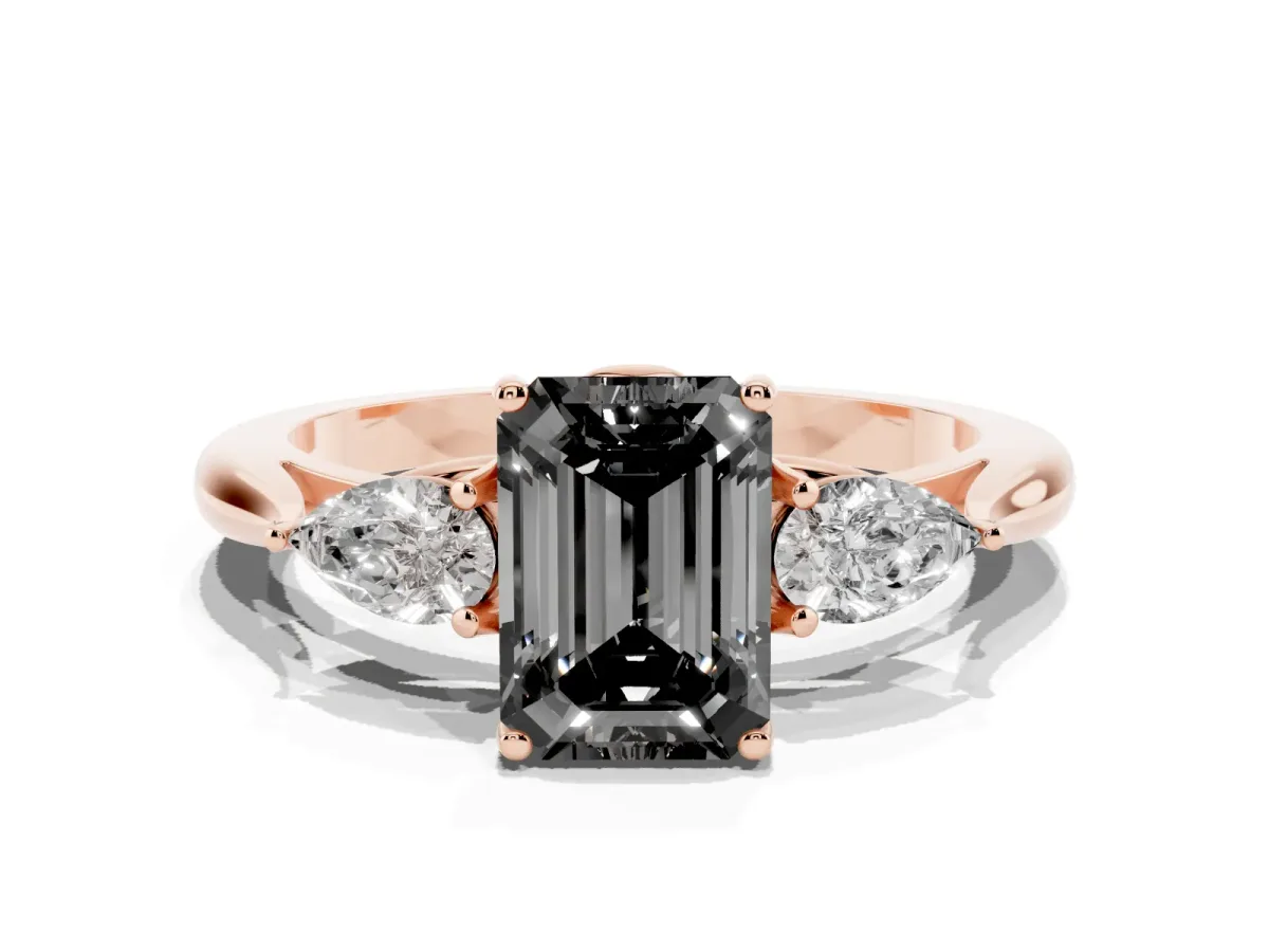 Fancy Black Three-Stone Emerald Cut Brilliant Diamond Solitaire Ring with Tapered Band and Four-Prong Setting Rose gold