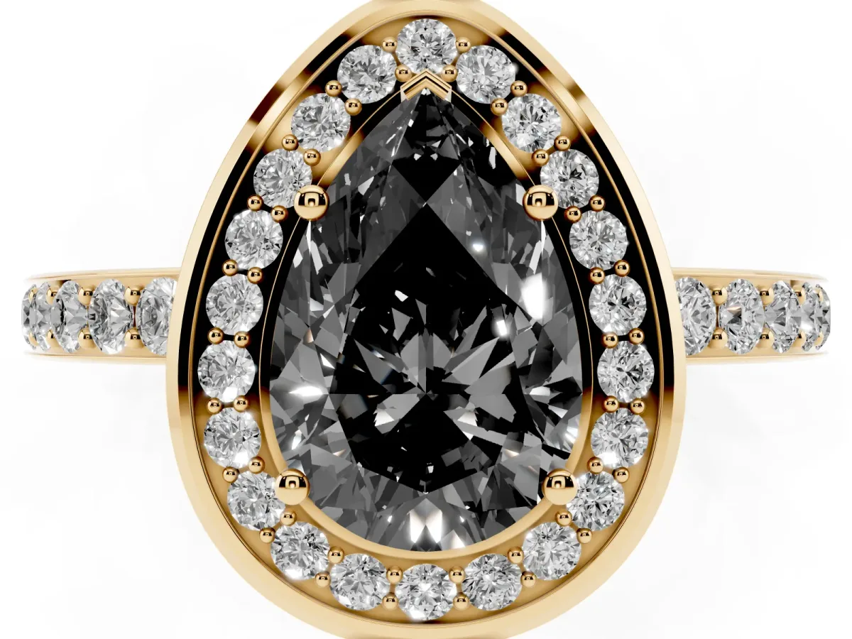 Fancy Black Pear Cut Diamond Halo Ring with Bezel Frame and Pavé Band Yellow gold