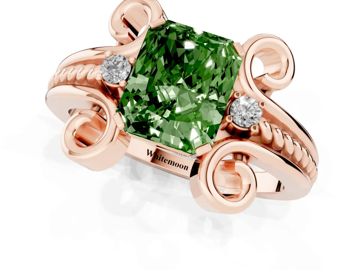 Fancy Green Radiant Cut Solitaire Twisted Band Scroll Prong Ring Rose gold