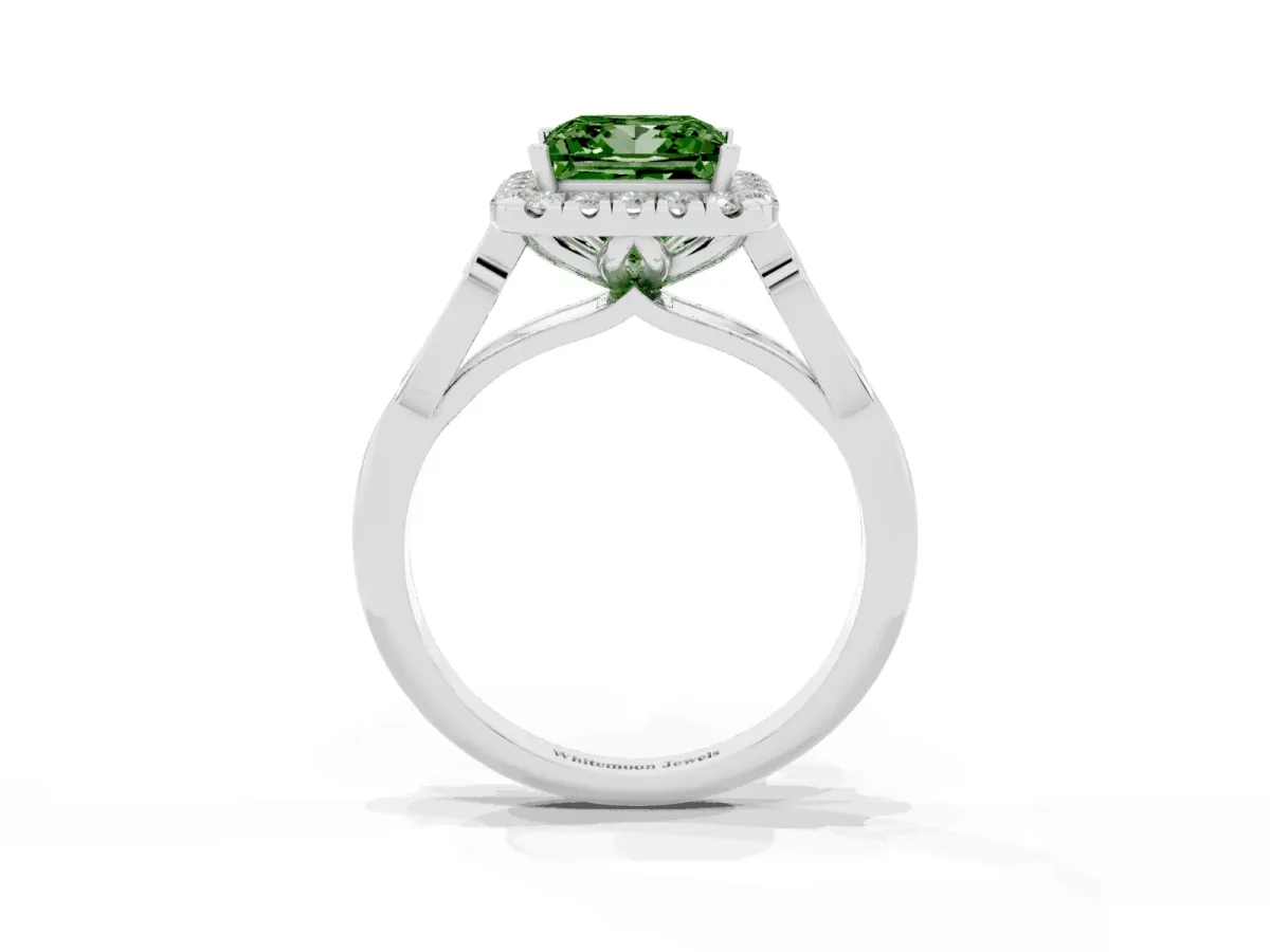 Fancy Green Princess Cut Halo Diamond Engagement Ring with Filigree Band and Four-Prong Setting Platinum
