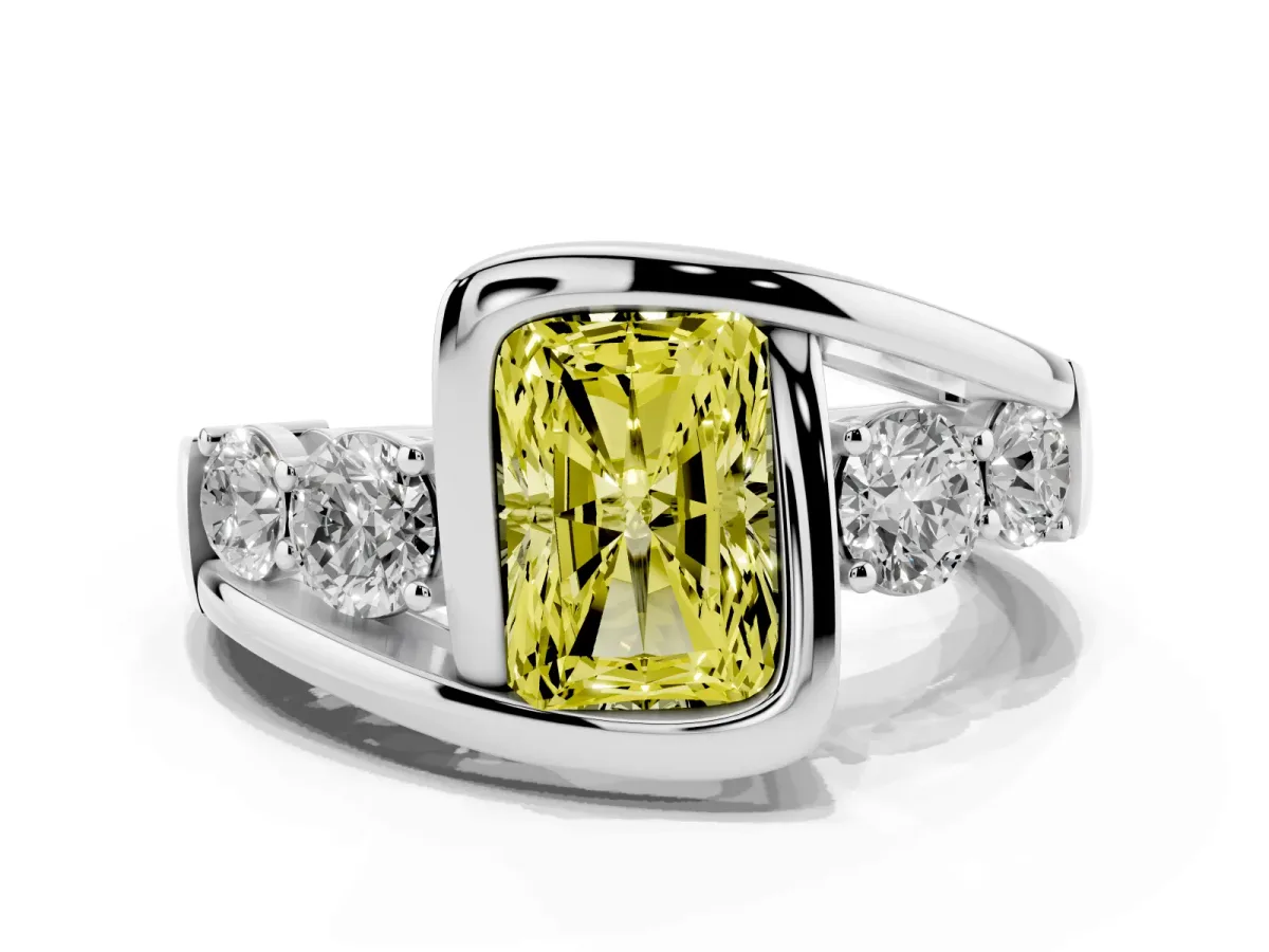 Fancy Yellow Bezel Set Radiant Cut Diamond Bypass Ring with Round Accents Silver