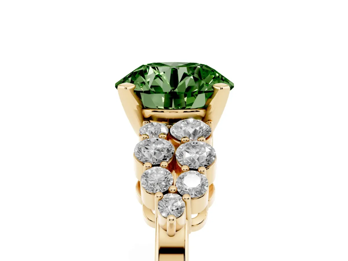 Fancy Green Round Cut Cluster Diamond Engagement Ring with Pavé Band and Four-Prong Setting Yellow gold