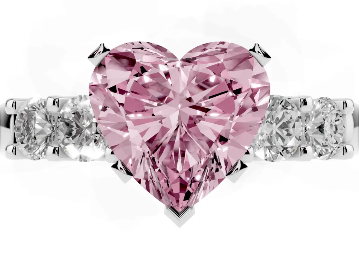 Fancy Pink Heart Cut Brilliant Cut Diamond Five-Stone Prong Set Engagement Ring with Channel Band Silver