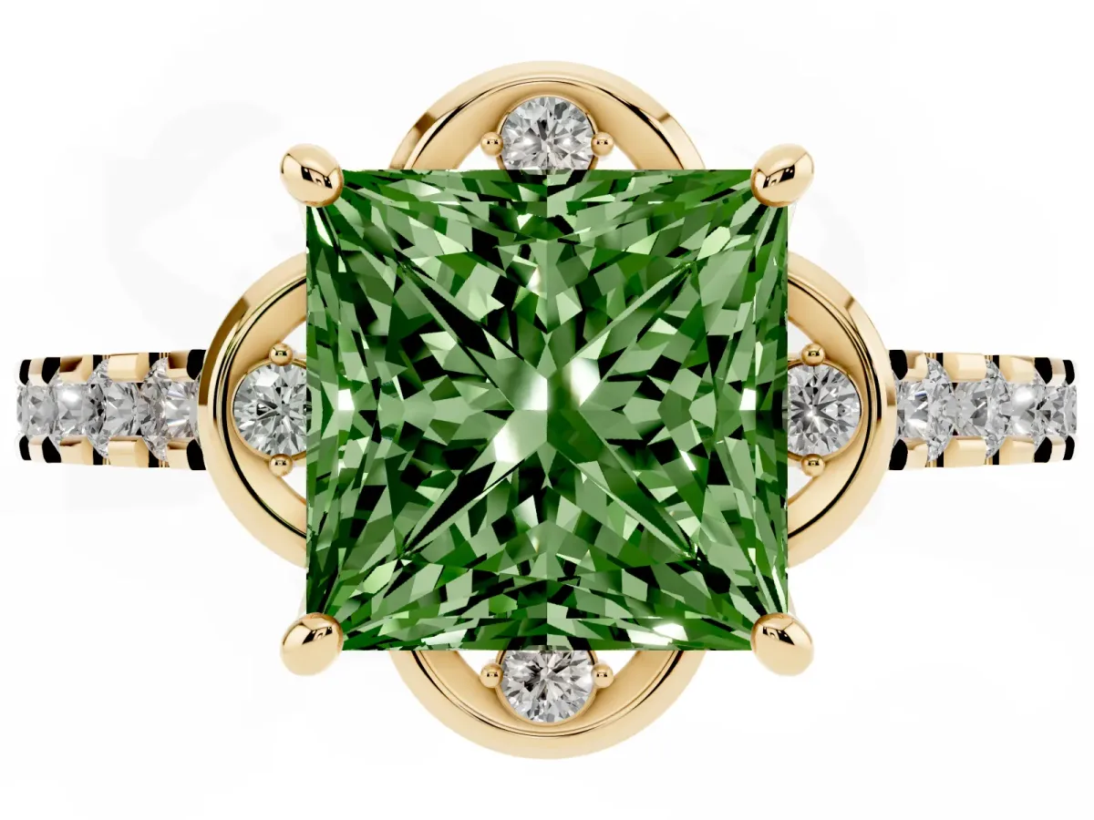 Fancy Green Princess Cut Diamond Ring with Pavé Band and Floral Prong Setting Yellow gold