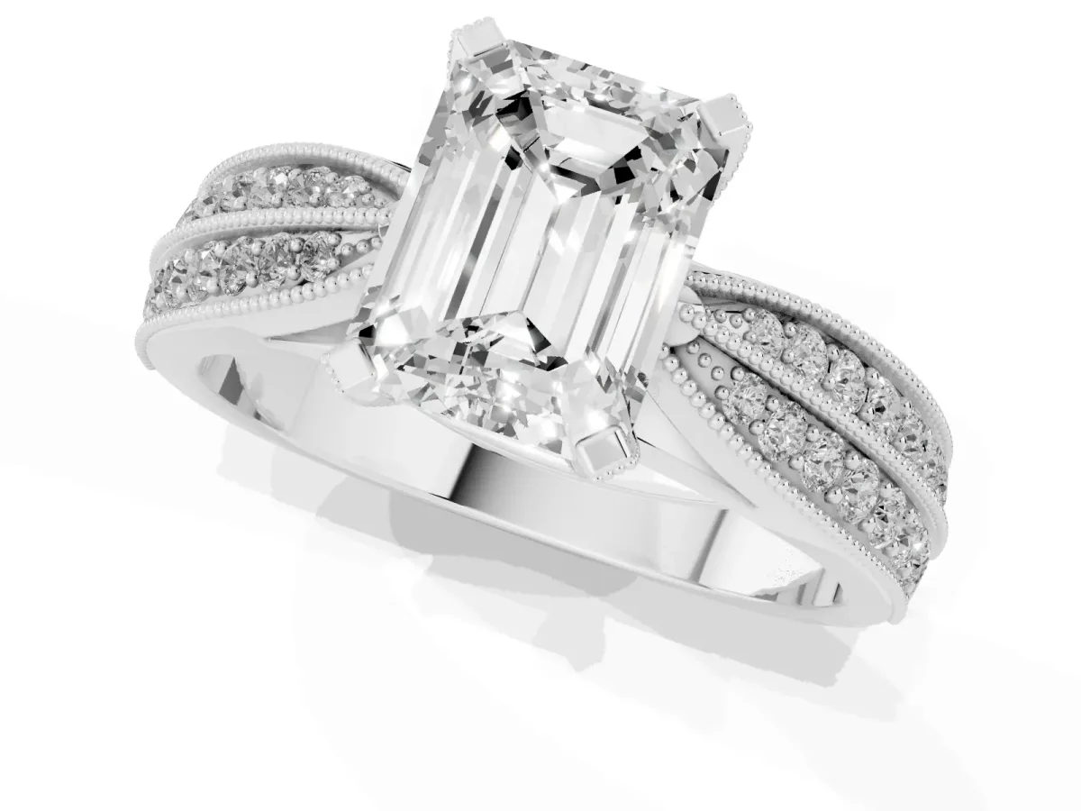 Emerald Cut Diamond Solitaire Ring with Milgrain Round Pavé Band and Prong Setting Platinum