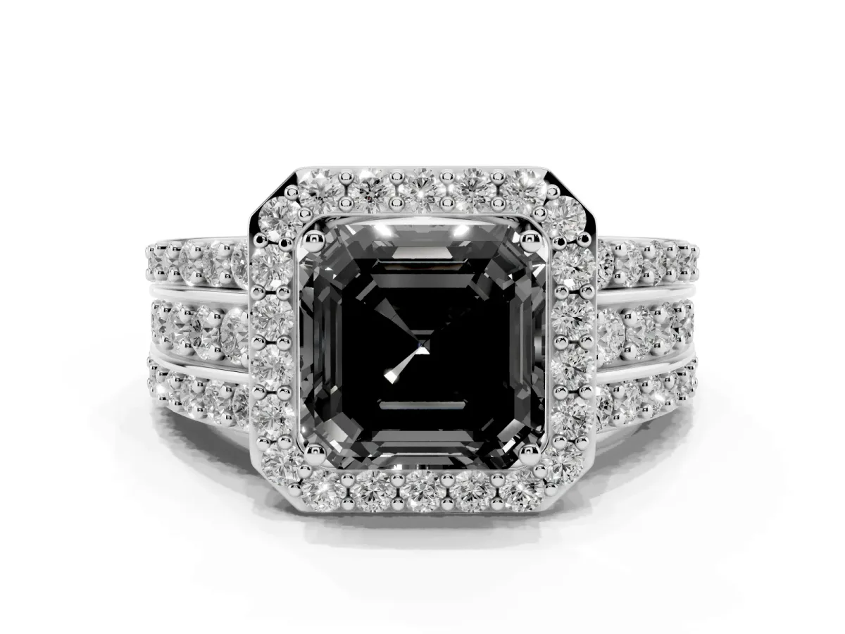 Fancy Black Asscher Cut Halo Diamond Ring with Round Split Shank and Prong Setting Platinum