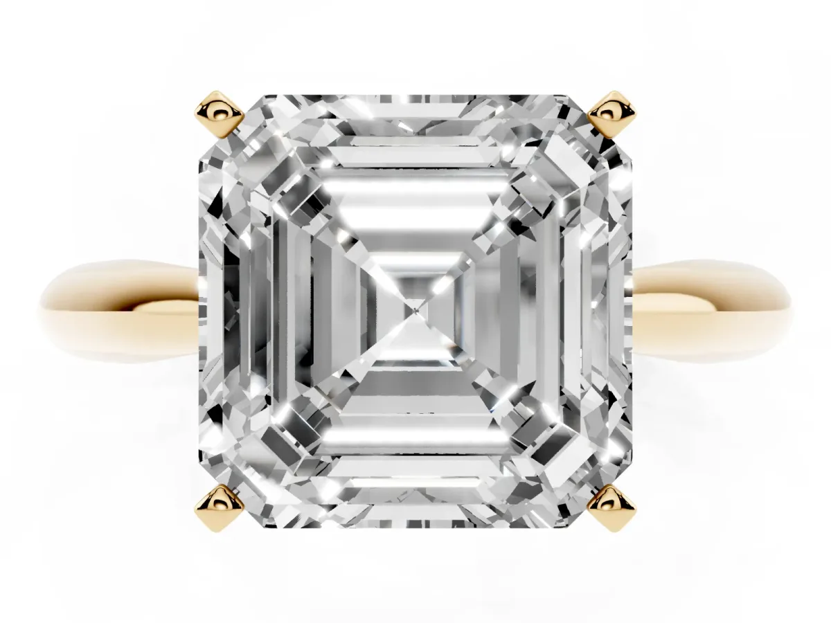 Asscher Cut Diamond Solitaire Engagement Ring with Cathedral Setting and Four-Prong Mount Yellow gold