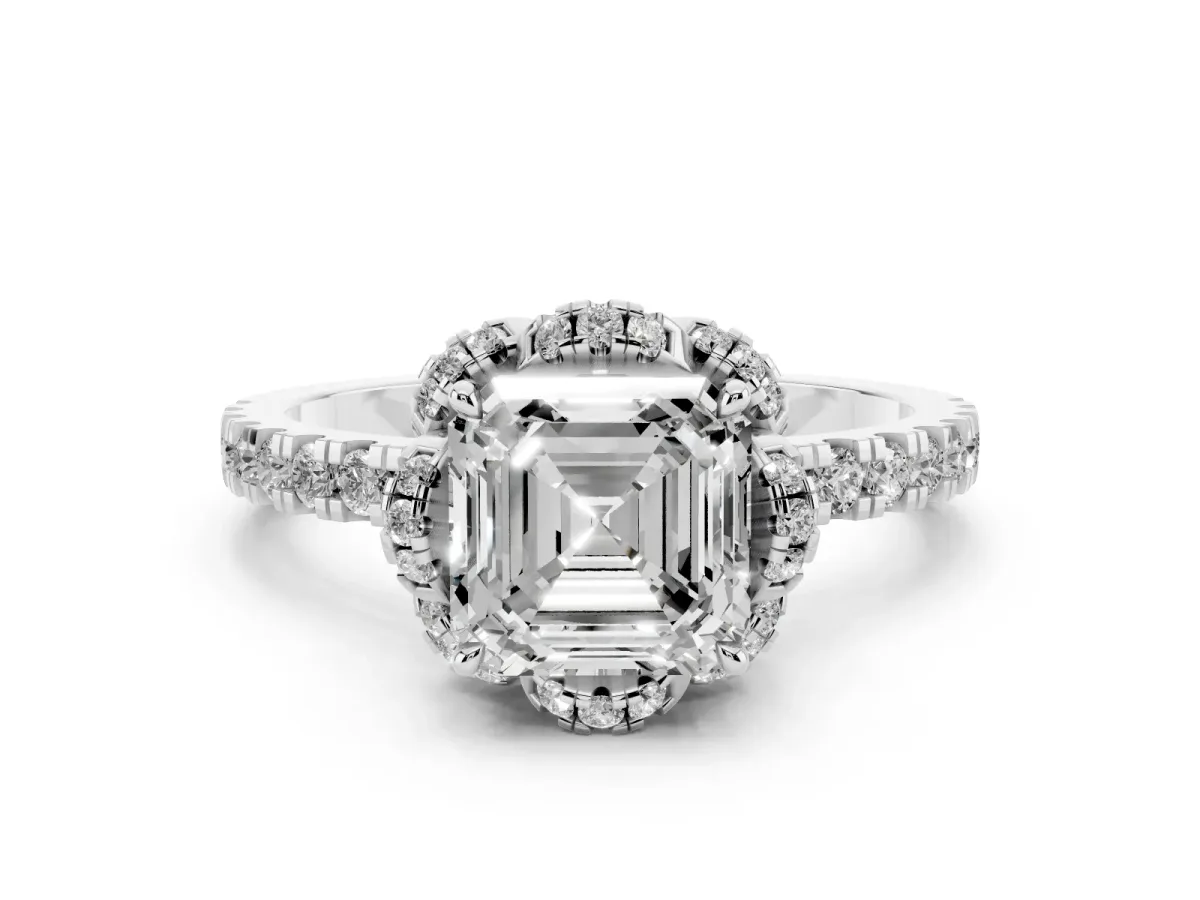 Asscher Cut Halo Diamond Pave Band Ring with Four-Prong Setting Silver
