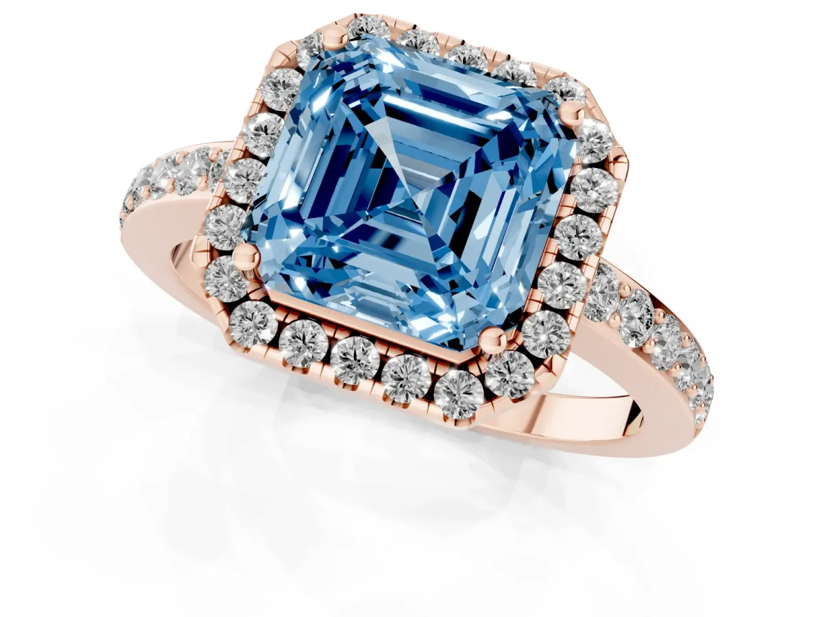 Fancy Blue Asscher Cut Halo Diamond Pavé Band Ring with Prong Setting Rose gold
