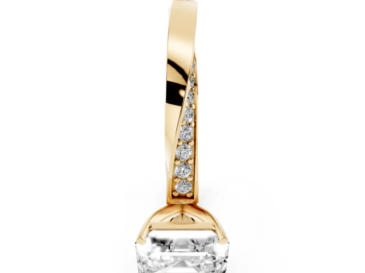 Asscher Cut Diamond Engagement Ring with Side Stone Accents and Four-Prong Setting Yellow gold