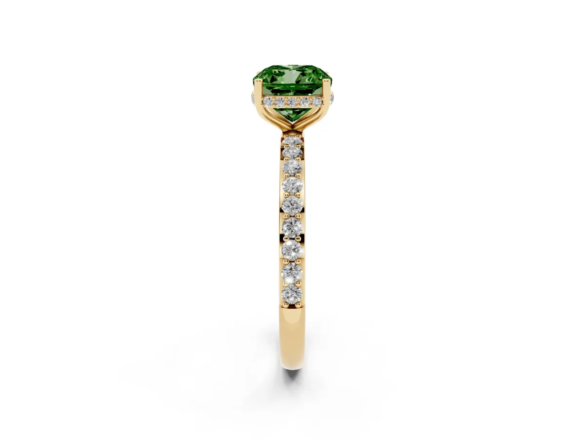 Fancy Green Cushion Cut Diamond Solitaire Ring with Pavé Band and Hidden Halo Yellow gold