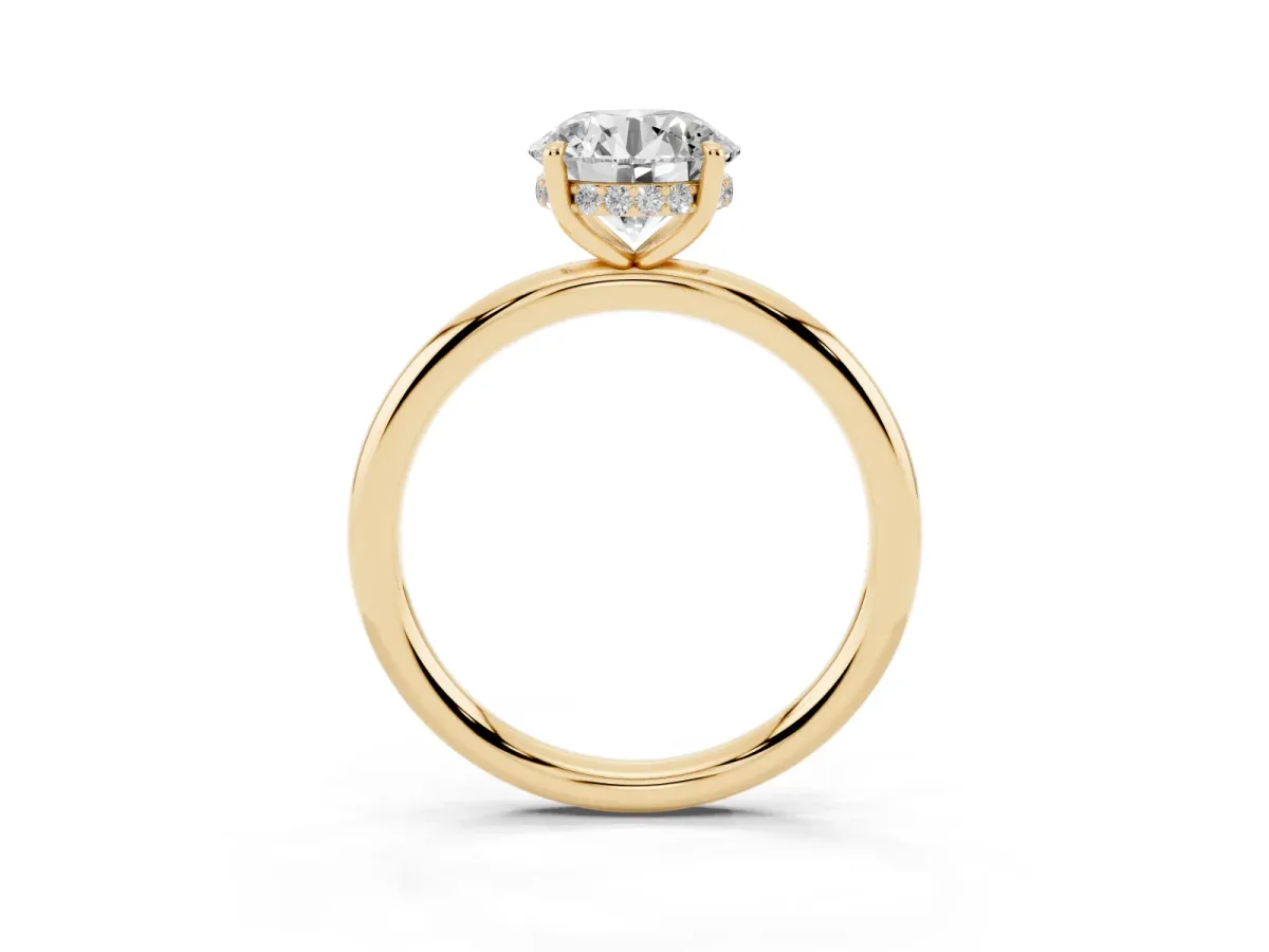 Round Cut Diamond Solitaire Ring with Thin Band and Four-Prong Setting Yellow gold