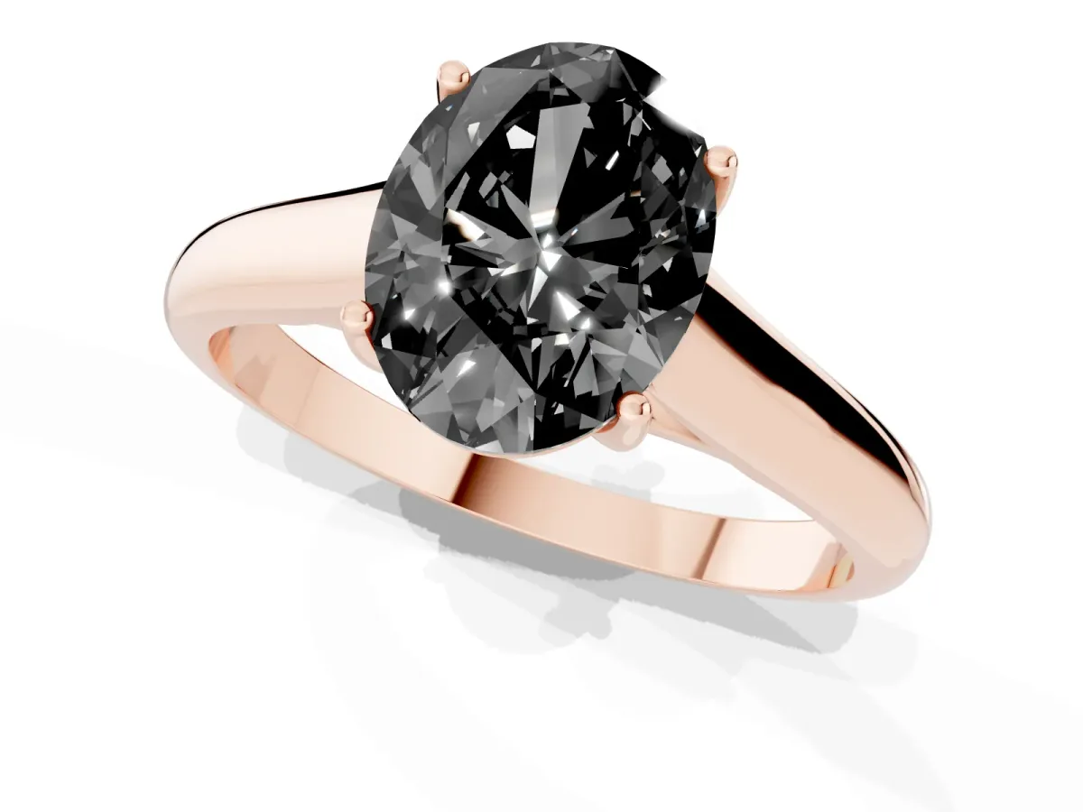 Fancy Black Oval Cut Solitaire Engagement Ring with Tapered Band and Four-Prong Setting Rose gold