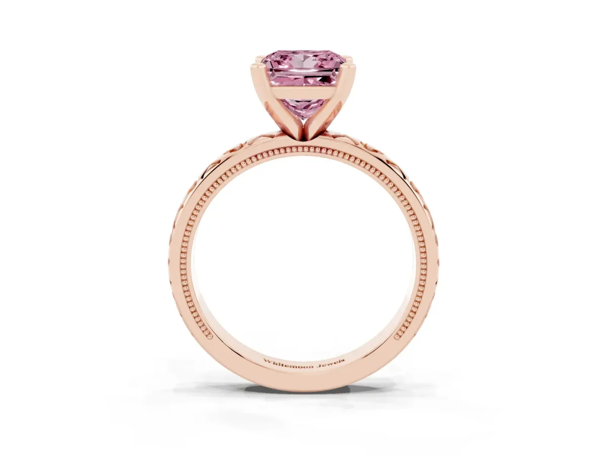 Fancy Pink Princess Cut Solitaire Diamond Engagement Ring with XO Engraved Band and Four-Prong Setting Rose gold