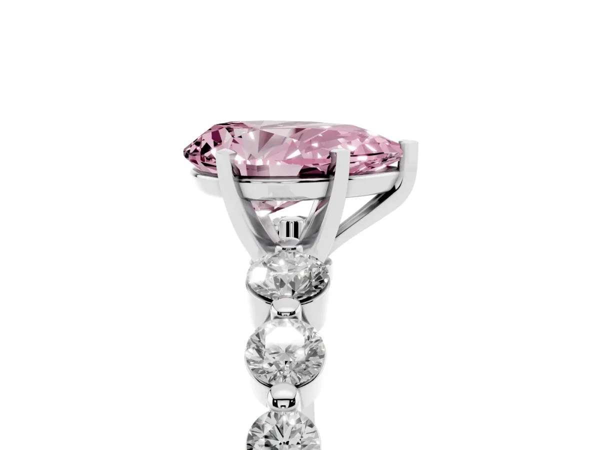 Fancy Pink Pear Cut Solitaire Diamond Ring with Pave Band and Four-Prong Setting Silver