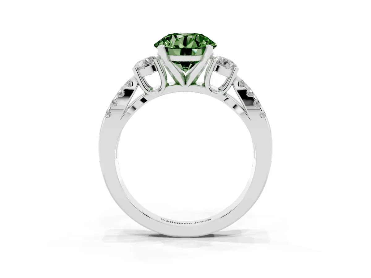 Fancy Green Round Cut Diamond Three-Stone Ring with Pavé Split Shank and Four-Prong Setting White gold