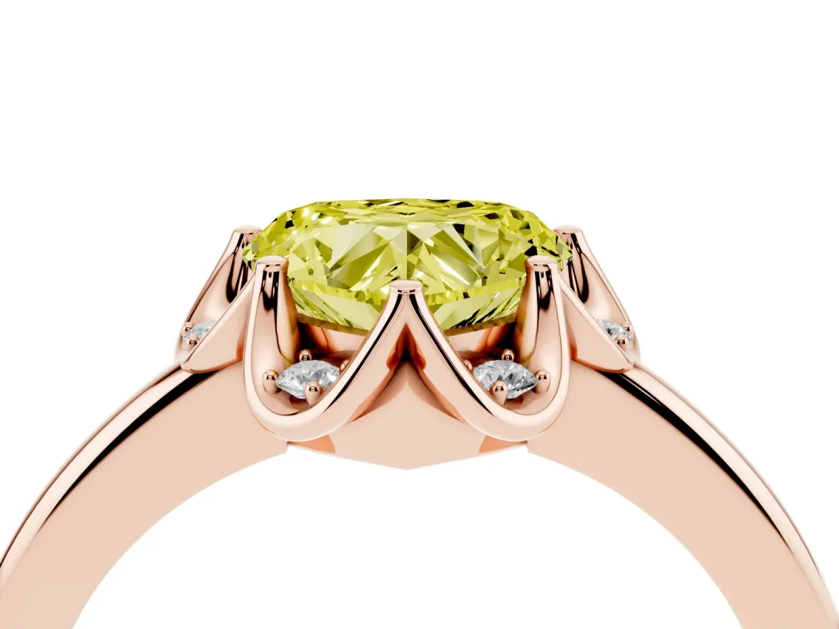 Fancy Yellow Heart Cut Halo Diamond Ring with Round Cluster Setting, Solitaire Band, and Four-Prong Setting Rose gold
