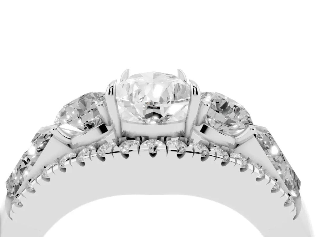 Three-Stone Pear Cut Diamond Engagement Ring with Pave Band and Prong Setting Silver