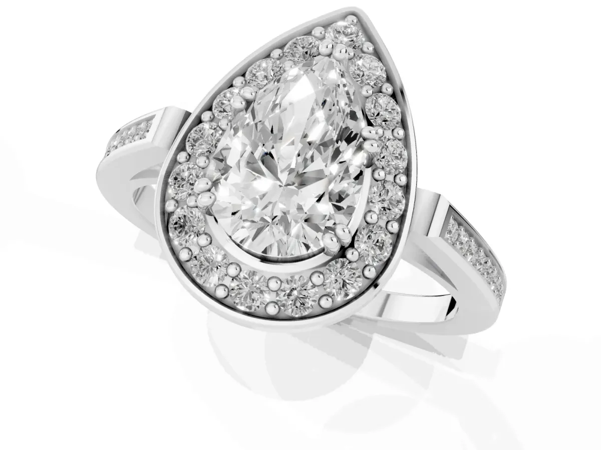 Pear Cut Diamond Halo Ring with Split Shank and Four-Prong Setting Silver