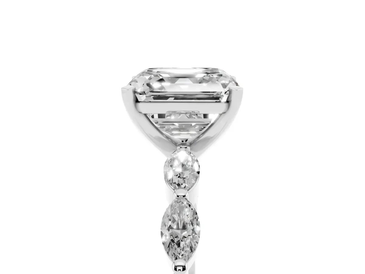 Asscher Cut Diamond Ring with Marquise Side Stones and Prong Setting Platinum