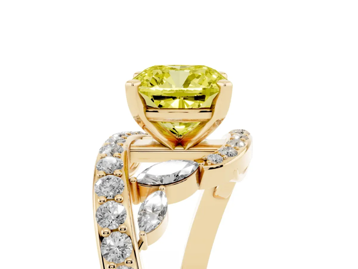 Fancy Yellow Cushion Cut Solitaire with Pavé Twist Band and Four-Prong Setting Yellow gold